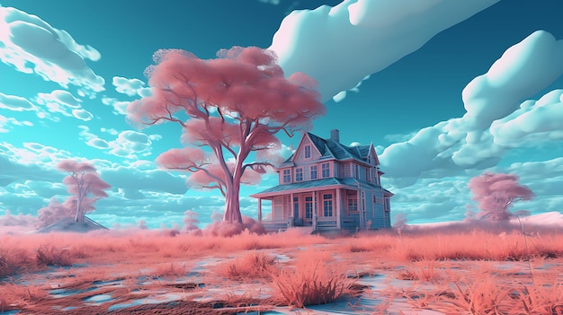 a scene of a house in the middle of the grass generative AI
