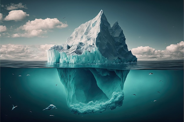 A scene illustrating a huge iceberg in the middle of a cold ocean only the top is visible the most important thing is hidden in the depths get rid of the framework of thinking be extraordinary AI