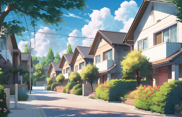 scène in anime-stijl van een straat met huizen en bomen generatieve ai