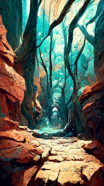 scene inside the cave with the forest outside 3d illustration