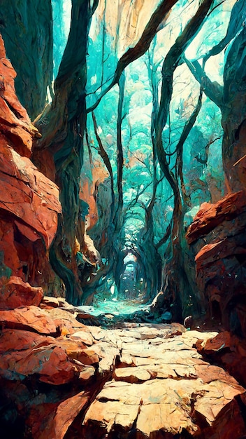 Scene inside the cave with the forest outside 3D illustration