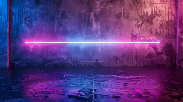 The scene is a blue and purple neon light on concrete cement floor and a black background studio Abstract hightech technology futuristic or entertainment feeling Empty space in the middle for