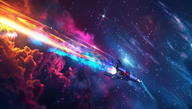 Scene is bright and exciting with the colors and movement of the space ship
