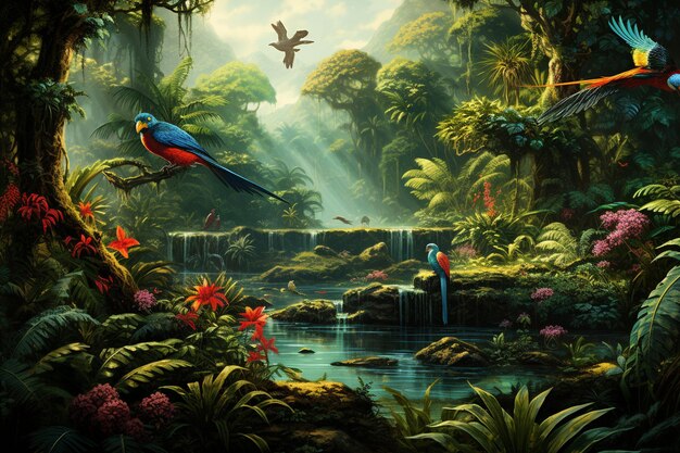 Сцена джунглей с красивыми птицами и животными