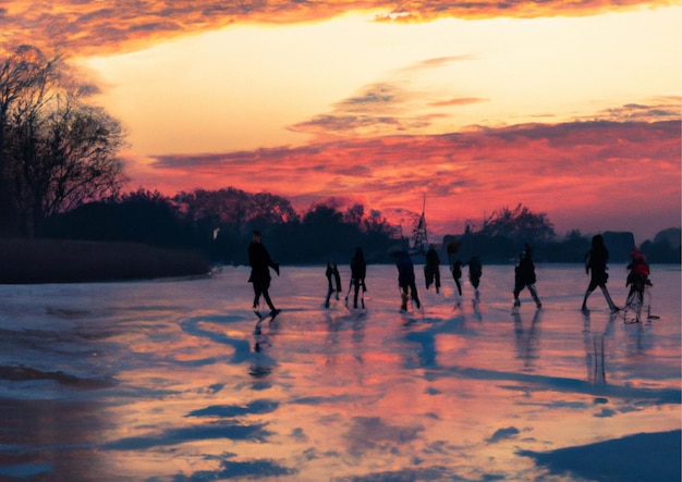 Scene of kids at frozen lake