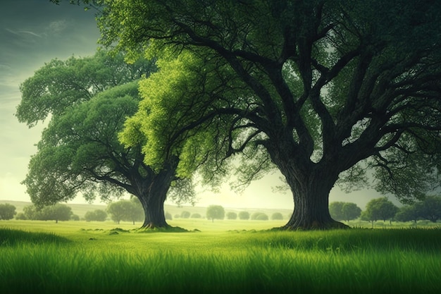 scene of large greenleafed trees set against a grassy area