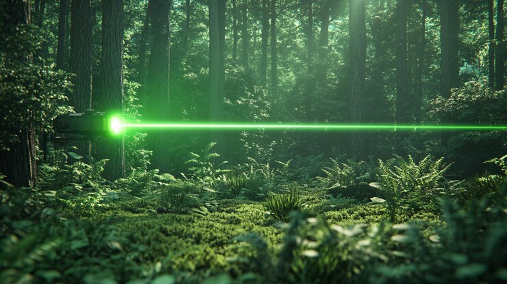 Photo a scene of laser technology used in environmental conservation with a laser beam monitoring the health of a forest ecosystem the laser emits a bright green light scanning the area from a drone or