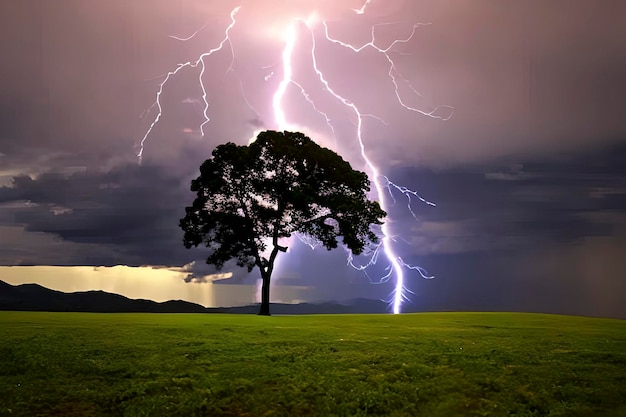 Foto la scena del fulmine colpisce un albero