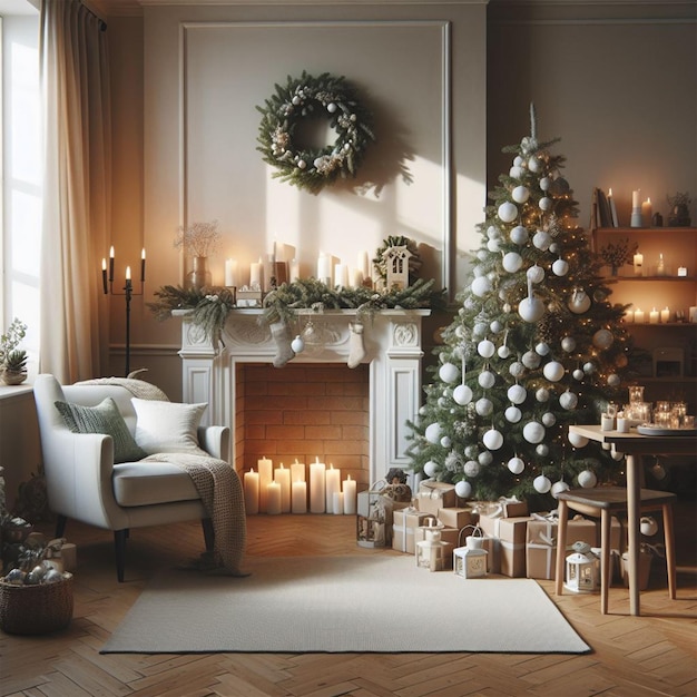 scene of a living room decorated for christmas