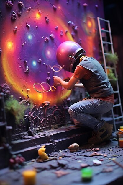 A scene of a magewave cyberpunk graffiti artist spraypainting a cosmic dolphin design with stars