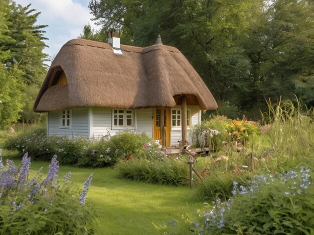 Foto scène met houten huisje in het veld ai gegenereerd