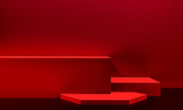 Scène met rode kleur podium voor mock-up presentatie in minimalisme stijl met kopieerruimte, 3d render abstract achtergrondontwerp