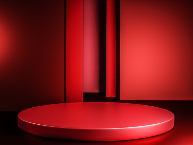 Scène met rode kleur podium voor mock-up presentatie in minimalisme stijl met kopieerruimte, 3d render abstract achtergrondontwerp