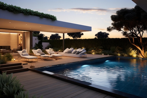 Scene of Model house with swimming pool with day bed exterior design luxury villa