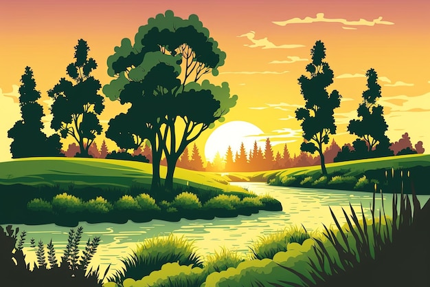 Сцена утреннего дневного света с деревьями и рекой