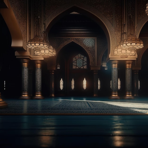 A scene of a mosque with a light on the wall and a lamp on the floor.