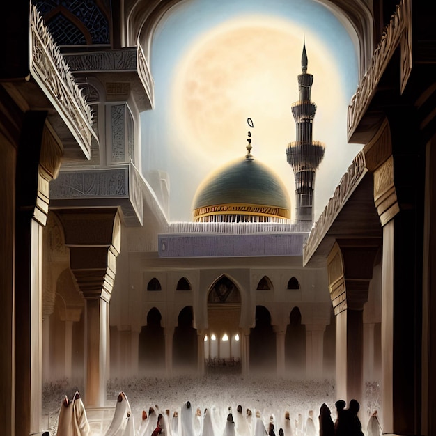 A scene of a mosque with a moon in the background