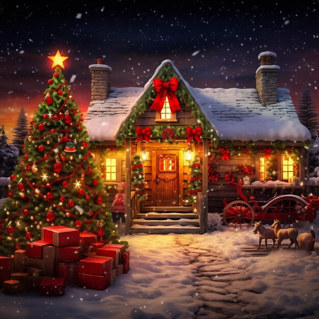 Фото Сцена рождественской елки в зимней деревне3d рендеринг для рождественских открыток