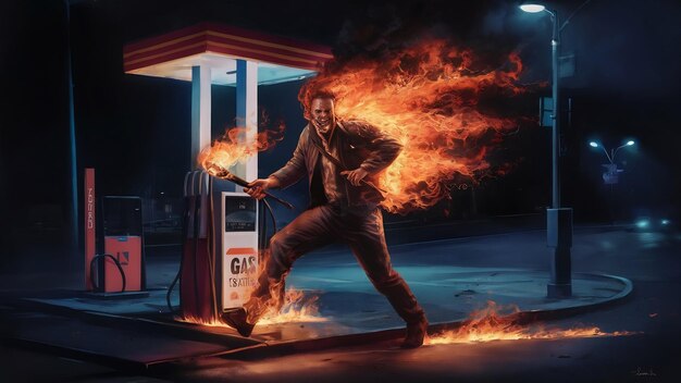 写真 夜にガソリンスタンドを燃やす男のシーン デジタルアートスタイルのイラスト絵画