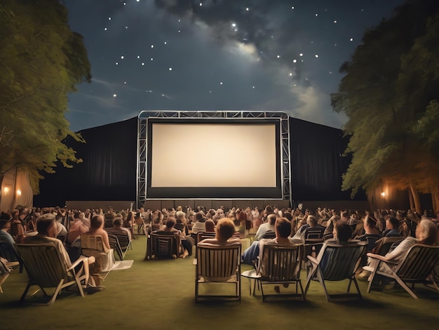 Foto scena in un cinema all'aperto con una maglietta a schermo bianco gigante