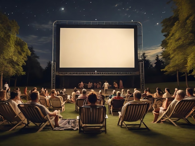 Сцена в кинотеатре на открытом воздухе с гигантским дизайном футболки на белом экране