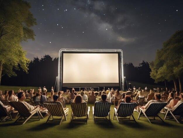 Сцена в кинотеатре на открытом воздухе с гигантским дизайном футболки на белом экране