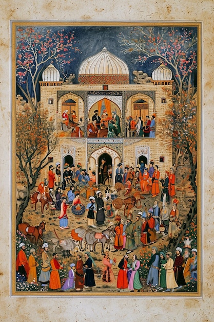 a scene of Persian miniature art depicting a royal Nowruz celebration