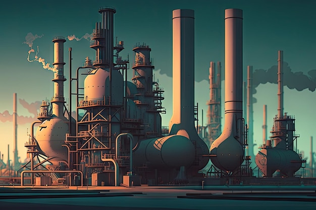 Сцена переработки нефти на заводском нефтеперерабатывающем комплексе, созданная с помощью генеративного ИИ