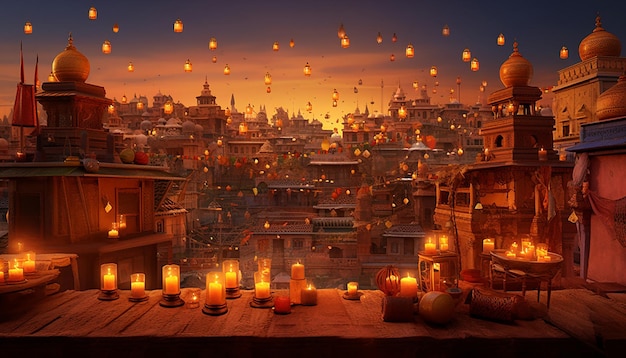A scene portraying the serene beauty of makar sankranti night with lanterns and candles