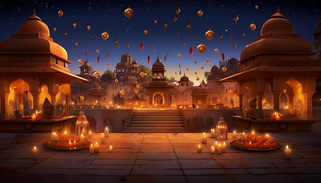 A scene portraying the serene beauty of Makar Sankranti night with lanterns and candles