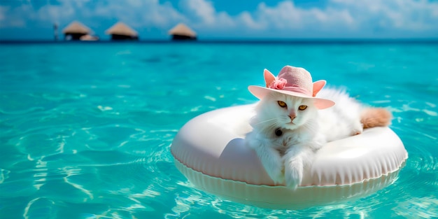 scene of pure bliss as happy and relaxed cat rests on an inflatable float wearing a stylish beach hat while floating in the pristine waters of Maldivesthe concept of beach holidayssea tripsvacation