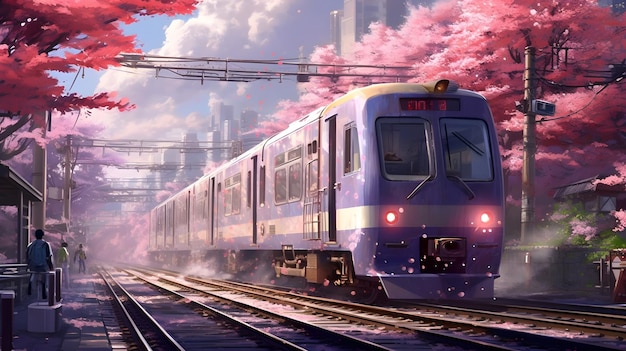 The scene at the railway tracks of the train and cherry blossoms studio ghibli style