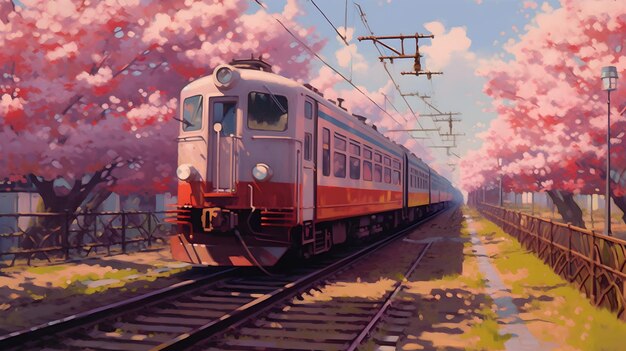 The scene at the railway tracks of the train and cherry blossoms studio ghibli style