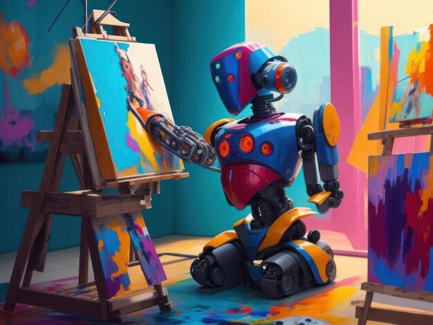 Foto una scena di un artista robot che dipinge un capolavoro circondato da una serie di colori vivaci ai