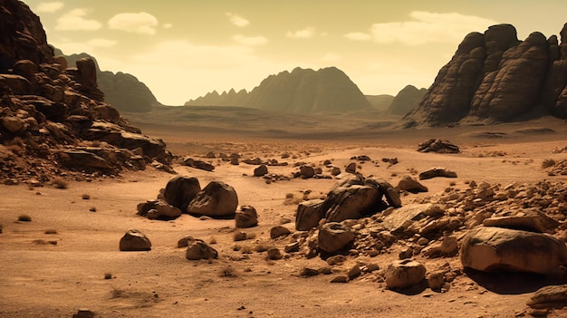 A scene of rocks in the desert