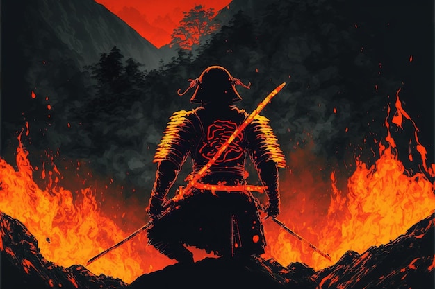 Scene of samurai with fire sword standing on the rock digital art style illustration painting fantasy concept of a samurai with the sword