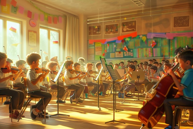 Photo a scene of a school with a boy playing a violin