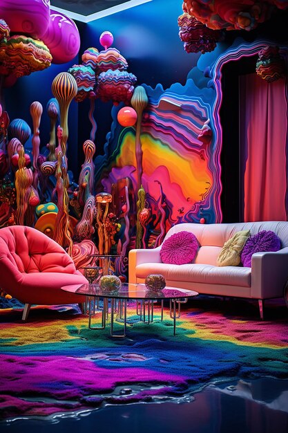 Scene set in a living room that's been transformed into a surreal psychedelic dreamscape