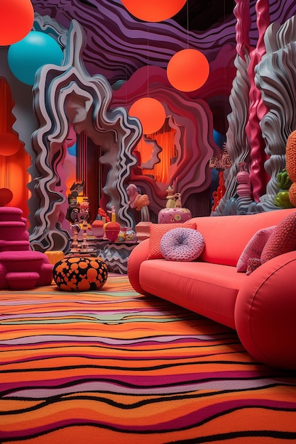 Foto scena ambientata in un soggiorno che è stato trasformato in un surreale paesaggio da sogno psichedelico