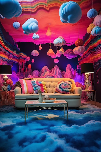 Scene set in a living room that's been transformed into a surreal psychedelic dreamscape