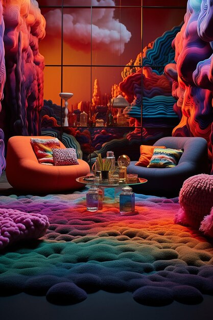 Scene set in a living room that's been transformed into a surreal psychedelic dreamscape