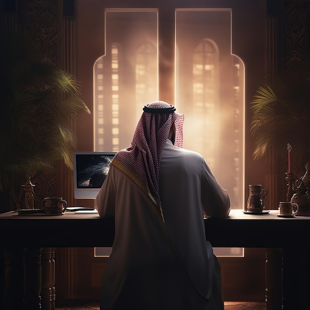 a scene or shot from behind a Saudi businessman