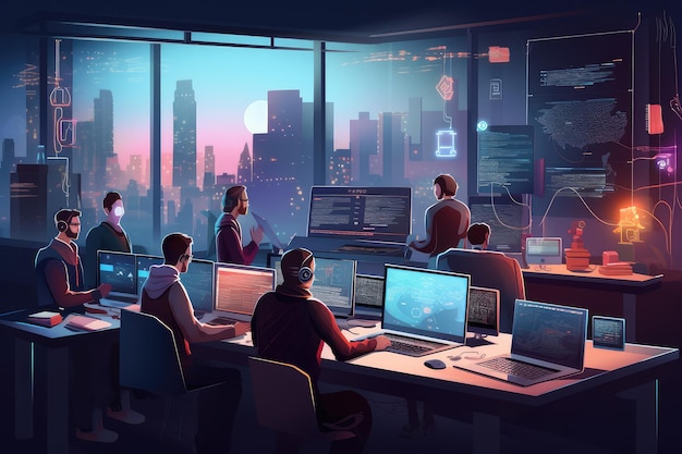 A scene showcasing a team of software developers coding