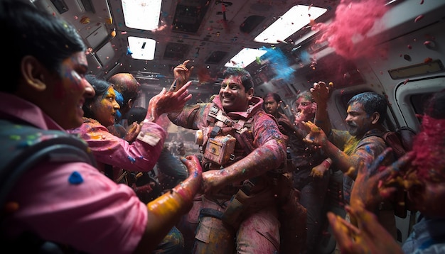 a scene showing a Holi celebration in space