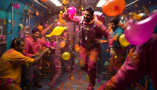 a scene showing a Holi celebration in space