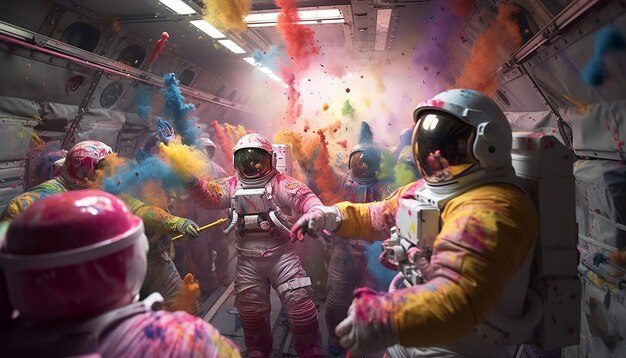 Photo a scene showing a holi celebration in space