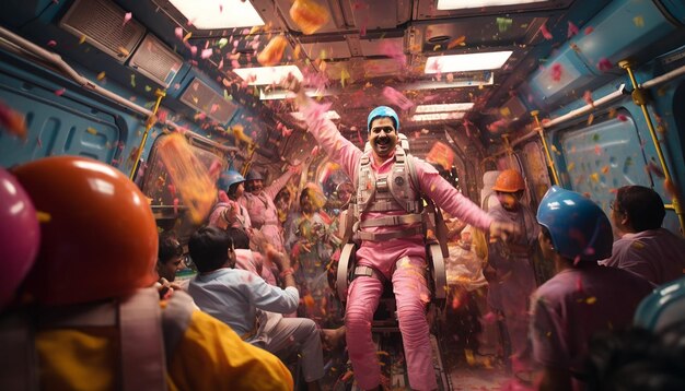a scene showing a Holi celebration in space