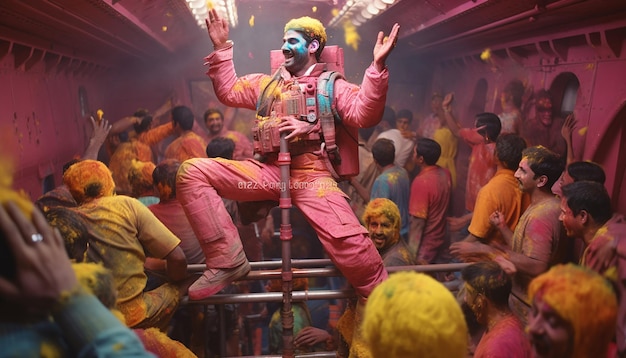 a scene showing a Holi celebration in space