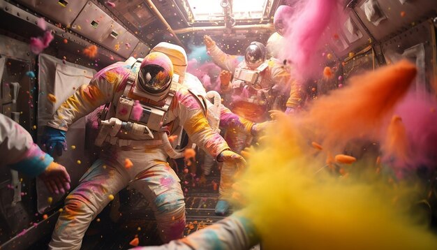 Photo a scene showing a holi celebration in space