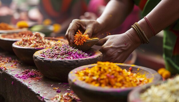 Photo a scene showing the traditional preparation of natural holi colors from flowers and herbs